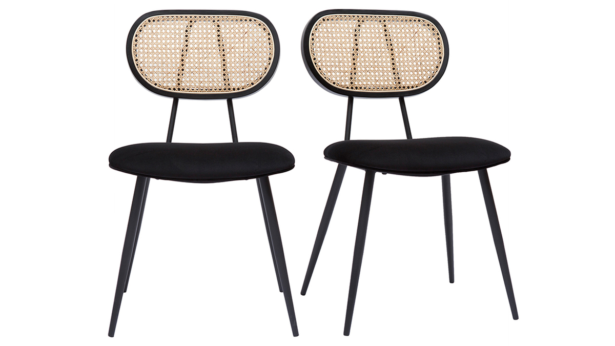 Sedie design nere in tessuto velluto, metallo e motivo a intreccio rattan naturale (set di 2) TOLMA