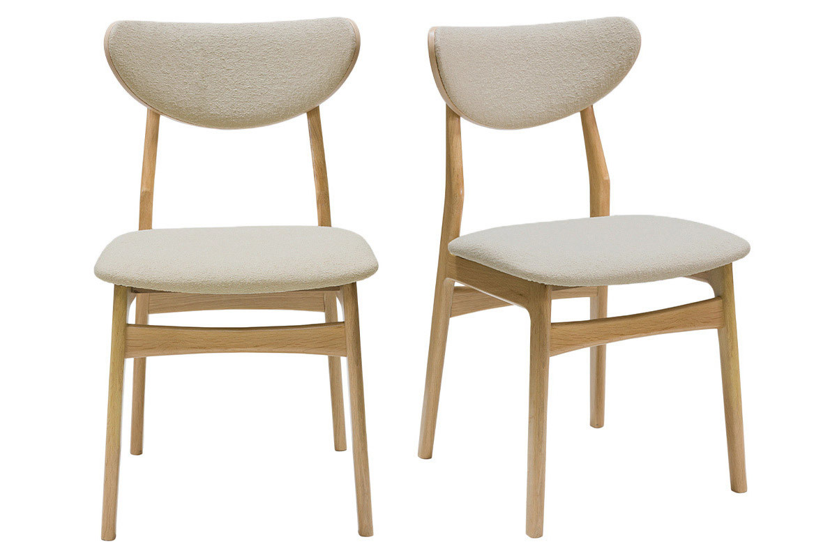 Sedie scandinave in tessuto effetto lana boucl beige e legno chiaro massello di rovere (set di 2) MAYA