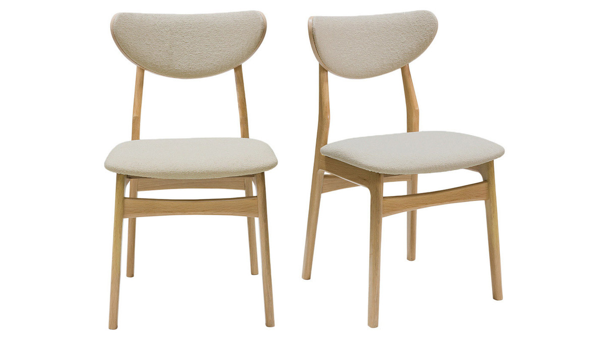 Sedie scandinave in tessuto effetto lana boucl beige e legno chiaro massello di rovere (set di 2) MAYA