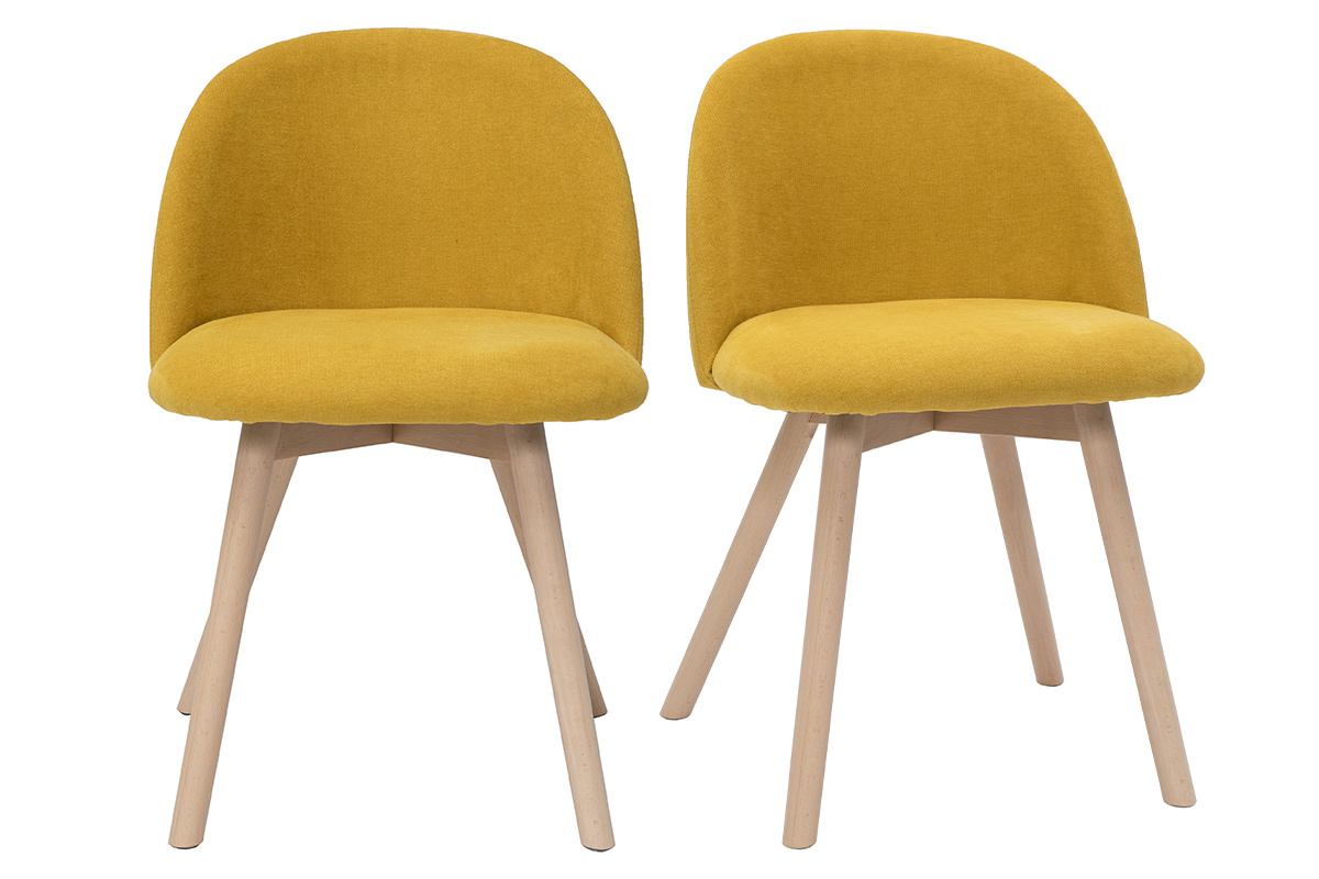 Sedie scandinave in tessuto effetto velluto giallo senape e legno massello di faggio (set di 2) CELESTE