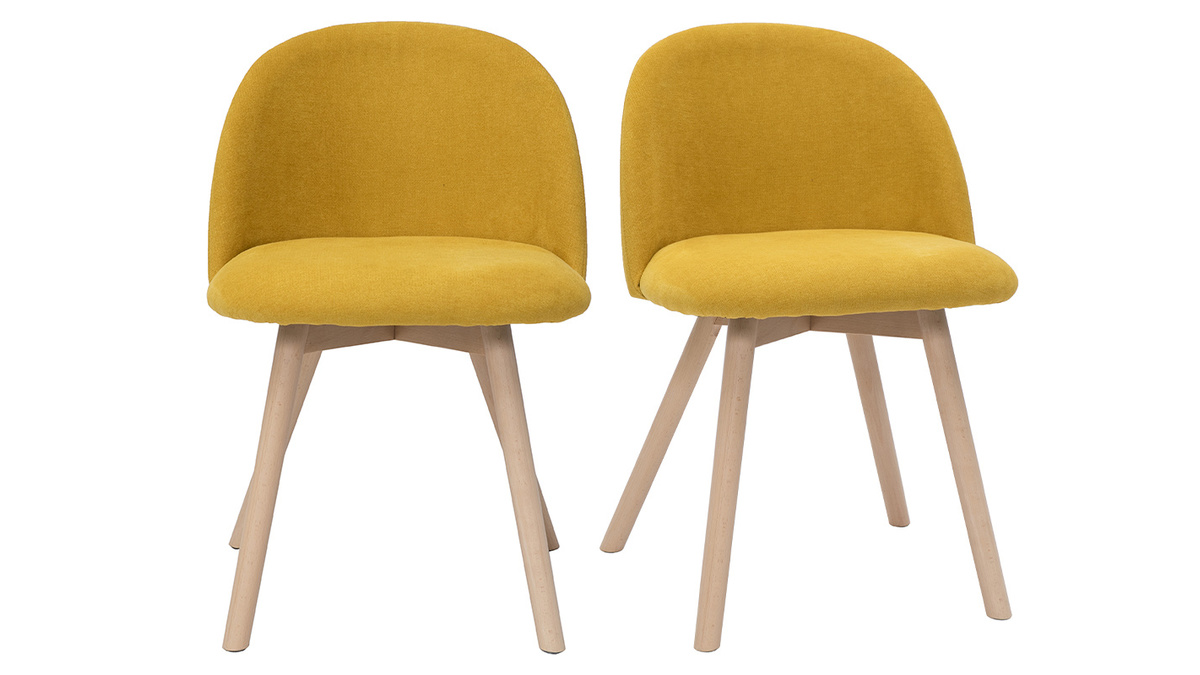 Sedie scandinave in tessuto effetto velluto giallo senape e legno massello di faggio (set di 2) CELESTE