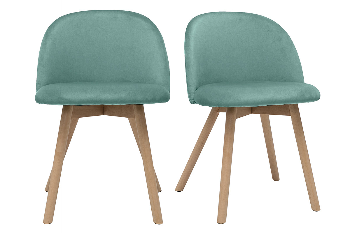 Sedie scandinave in velluto azzurro acquamarina e legno massello di faggio (set di 2) CELESTE