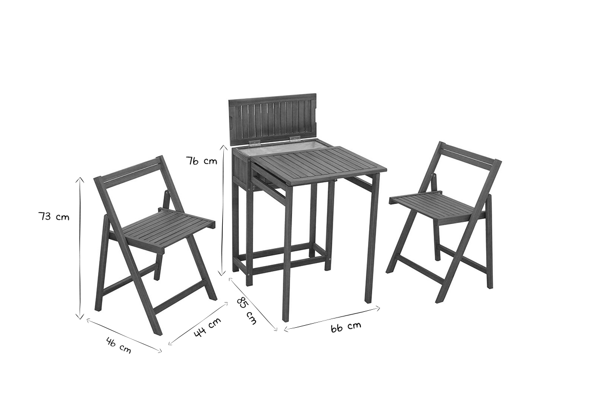 Set di 2 sedie pieghevoli e 1 tavolino da balcone pieghevole con contenitore in legno massello PRADO