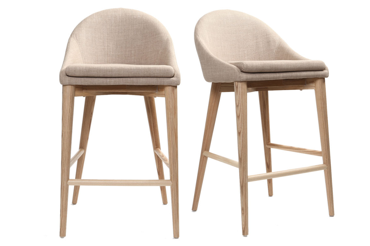 Sgabelli d bar scandinavi in tessuto beige e massello di frassino H66 cm (set di 2) DALIA