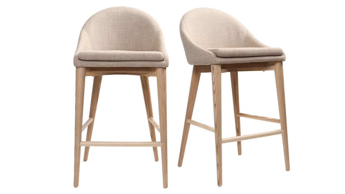 Sgabelli d bar scandinavi in tessuto beige e massello di frassino H66 cm (set di 2) DALIA