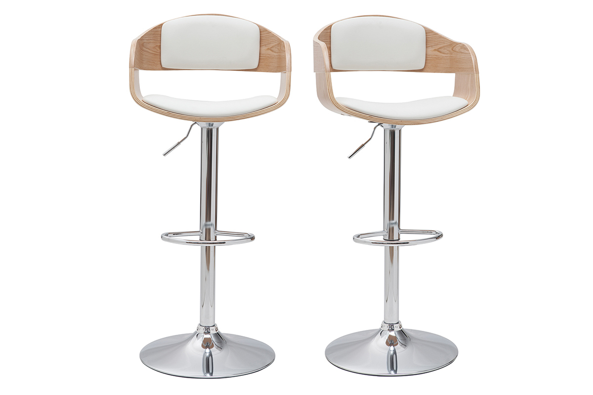 Sgabelli da bar design regolabili in poliuretano bianco e legno chiaro (set di 2) EUSTACHE