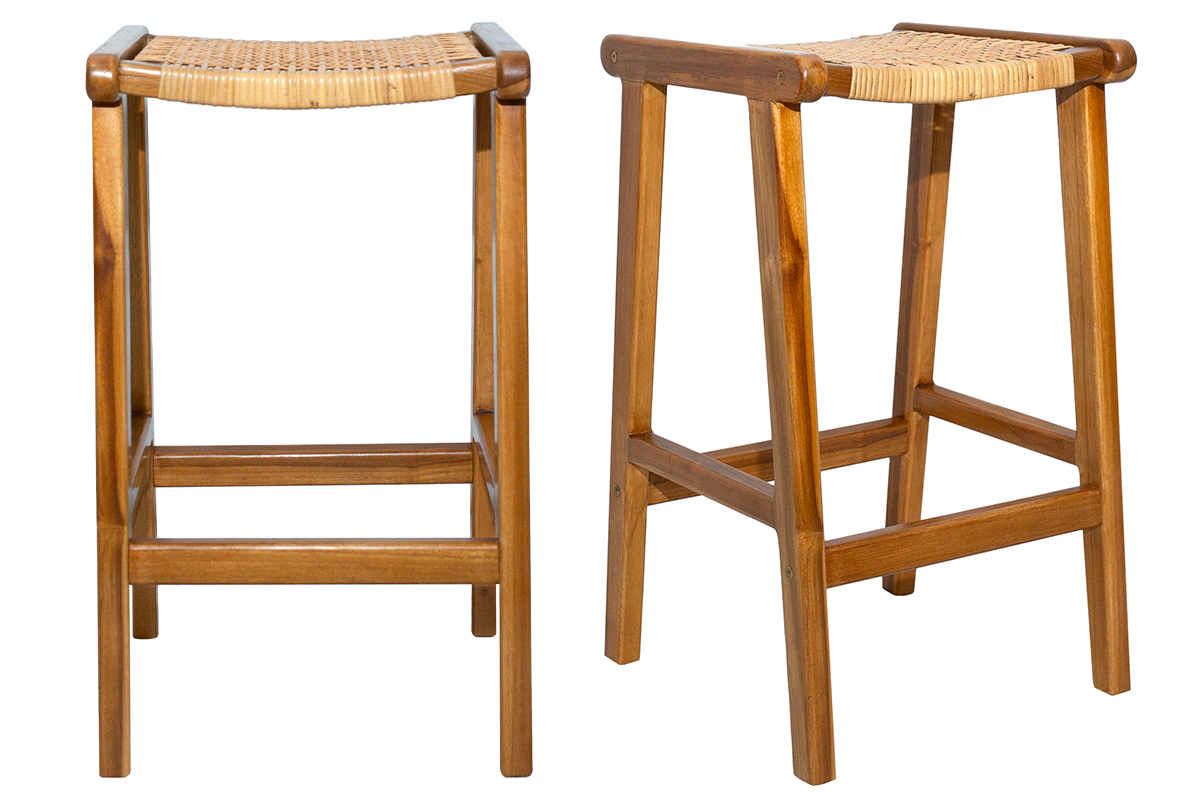 Sgabelli da bar etnici in legno massello di teak e motivo a intreccio rattan H65 cm (set di 2) GAWA