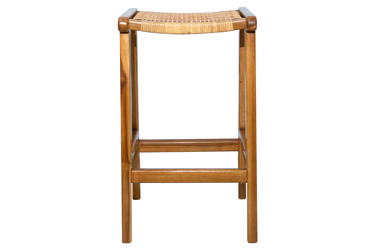 Sgabelli da bar etnici in legno massello di teak e motivo a intreccio rattan H65 cm (set di 2) GAWA