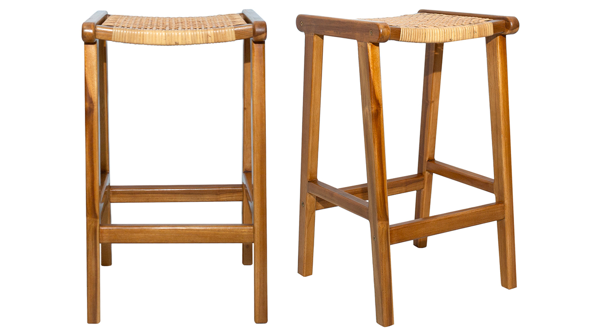 Sgabelli da bar etnici in legno massello di teak e motivo a intreccio rattan H65 cm (set di 2) GAWA