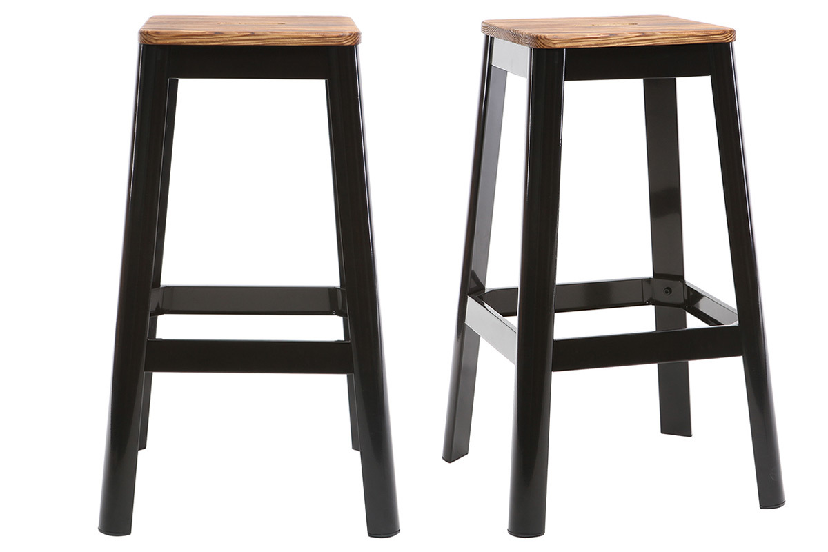 Sgabelli da bar industriali in metallo nero e legno H75 cm (set di 2) NICK