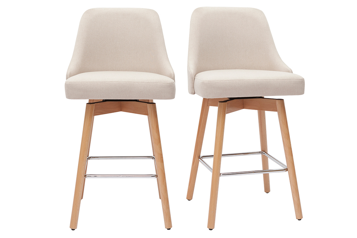 Sgabelli da bar scandinavi in tessuto beige e legno massello di faggio H65 cm (set di 2) HASTA