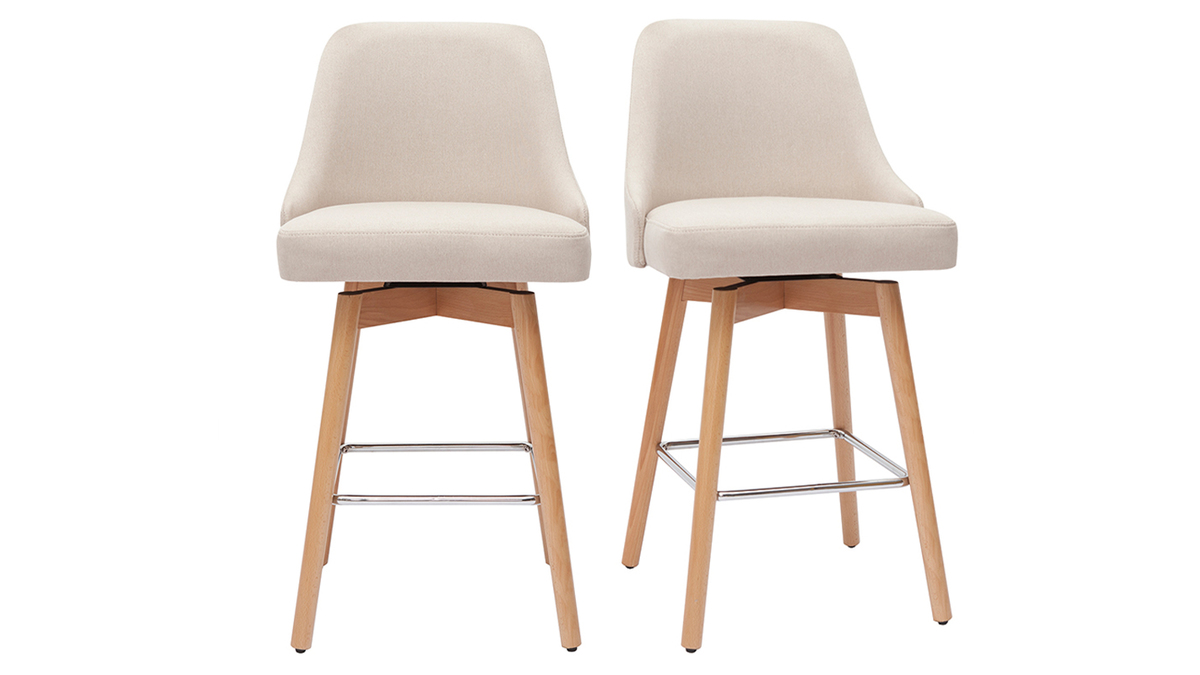 Sgabelli da bar scandinavi in tessuto beige e legno massello di faggio H65 cm (set di 2) HASTA