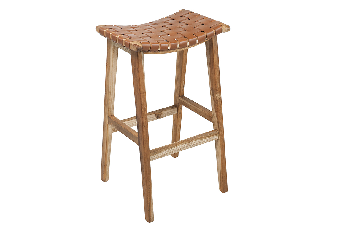 Sgabello da bar teak e pelle H65 cm LODGE