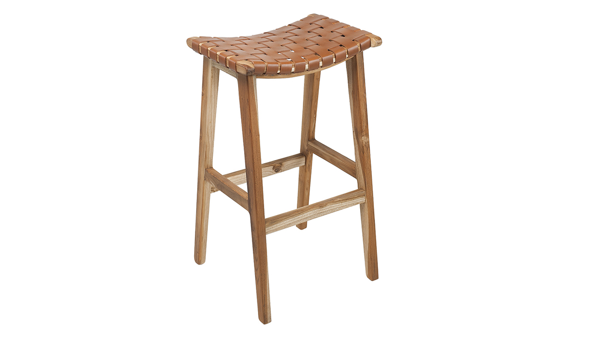 Sgabello da bar teak e pelle H65 cm LODGE