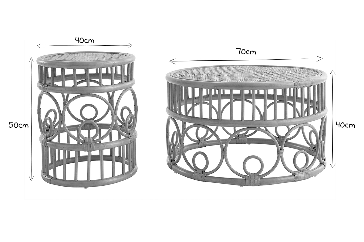 Tavolini da salotto rotondi in rattan e bamb D70 cm e D40 cm (set di 2) SORAYA