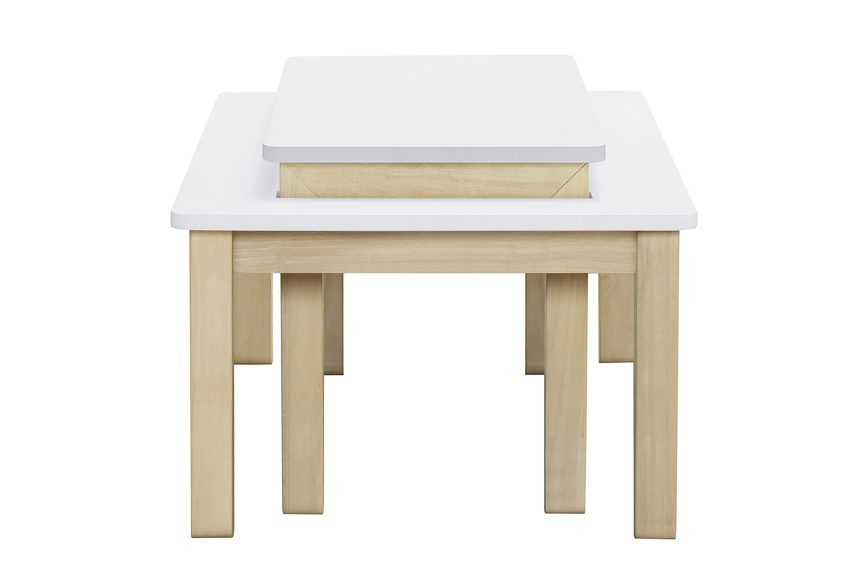 Tavolino basso scandinavo con banco integrato bianco e legno chiaro CYBEL