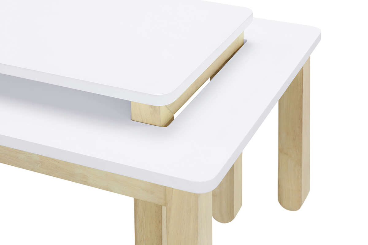 Tavolino basso scandinavo con banco integrato bianco e legno chiaro CYBEL