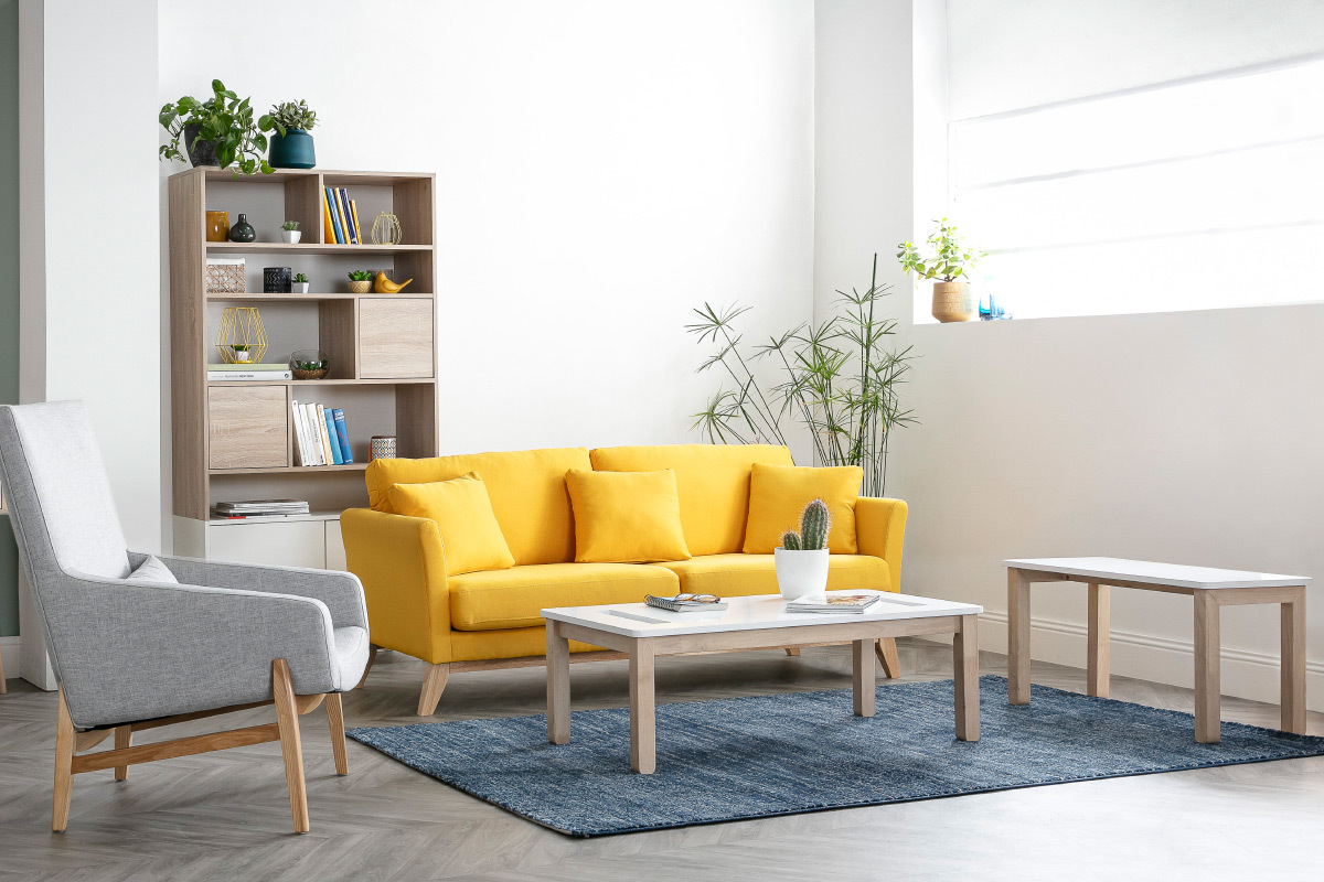 Tavolino basso scandinavo con banco integrato bianco e legno chiaro CYBEL