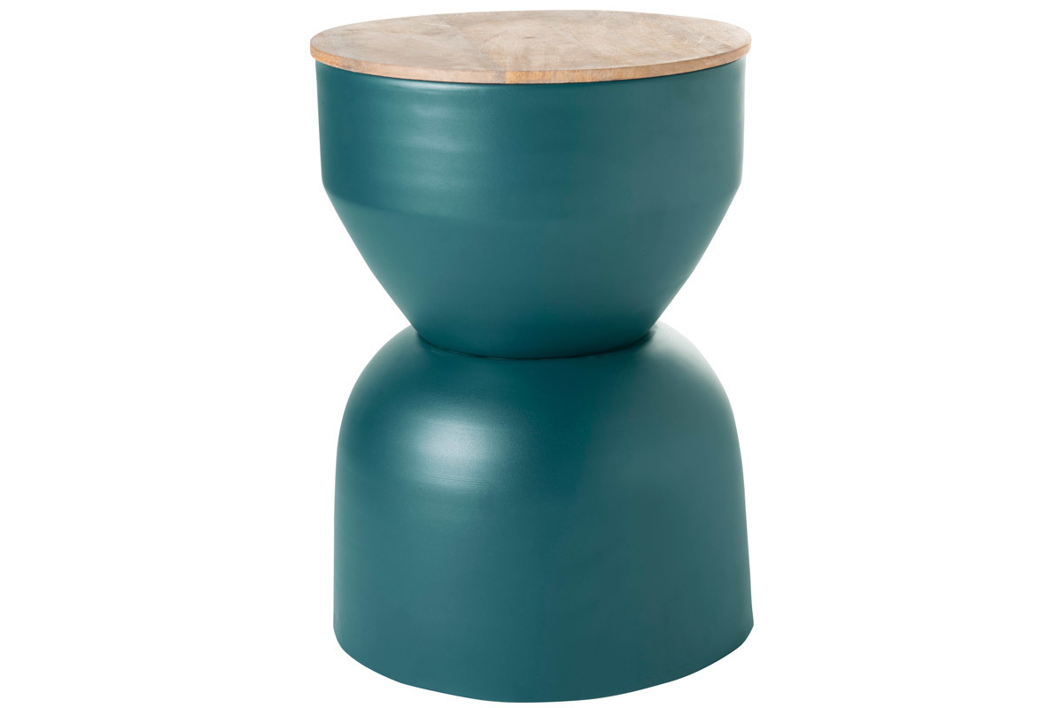 Tavolino da caff rotondo design con struttura in metallo blu anatra e legno massello di mango D30 cm YOYO