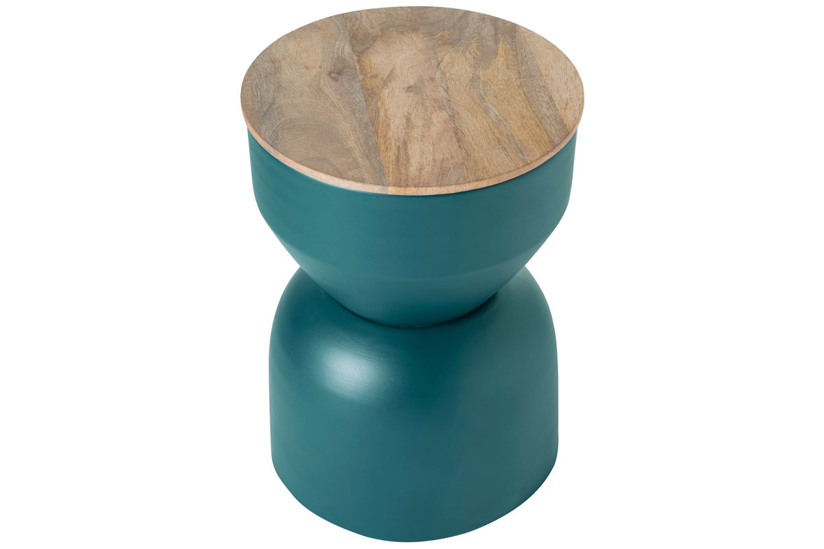 Tavolino da caff rotondo design con struttura in metallo blu anatra e legno massello di mango D30 cm YOYO