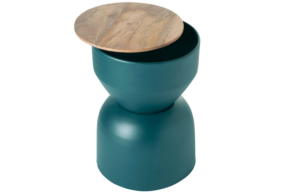 Tavolino da caff rotondo design con struttura in metallo blu anatra e legno massello di mango D30 cm YOYO