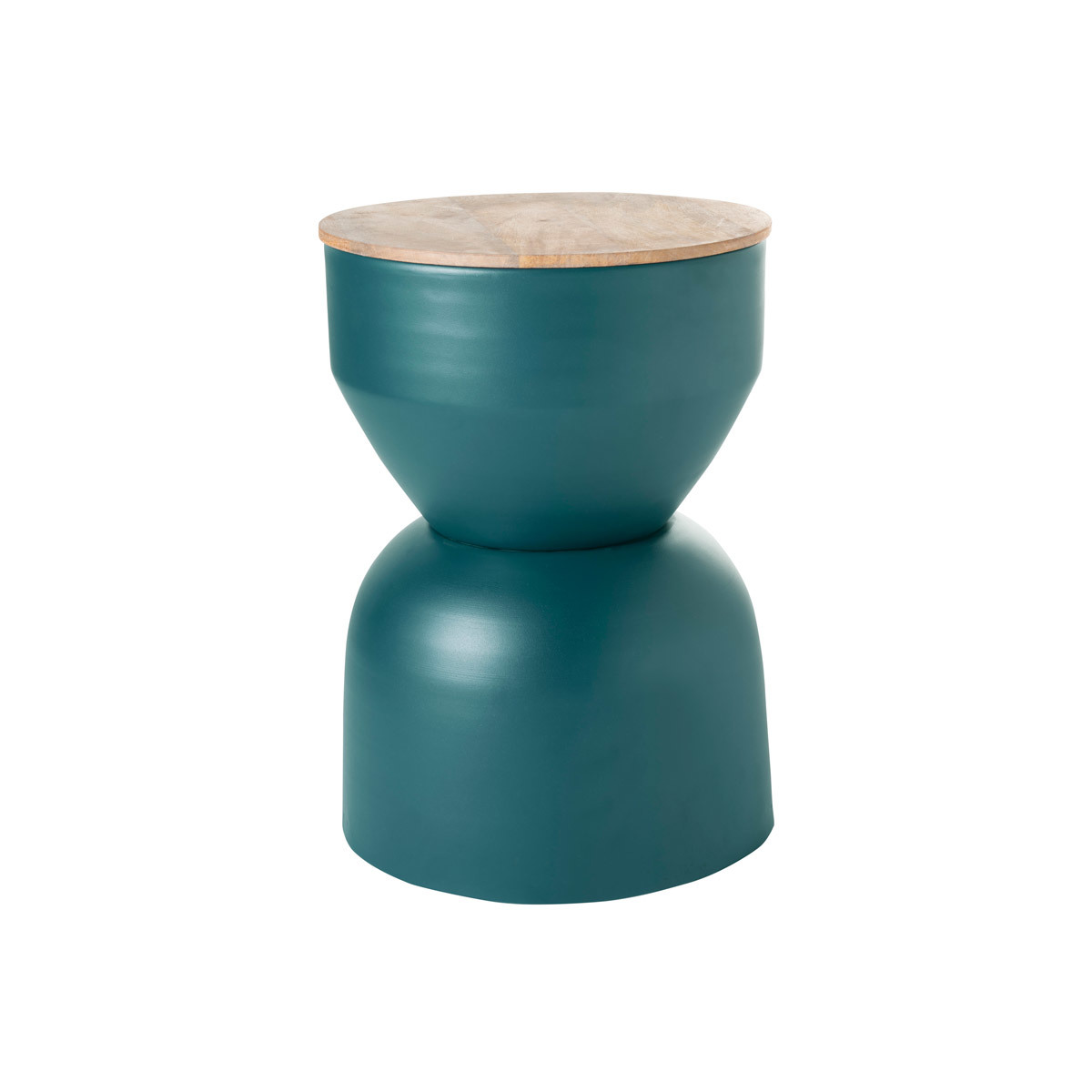 Tavolino da caffè rotondo design con struttura in metallo blu anatra e legno massello di mango D30 cm YOYO