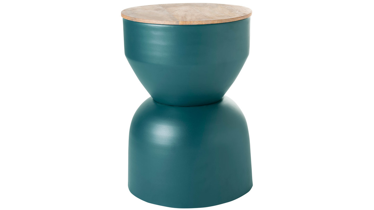 Tavolino da caff rotondo design con struttura in metallo blu anatra e legno massello di mango D30 cm YOYO