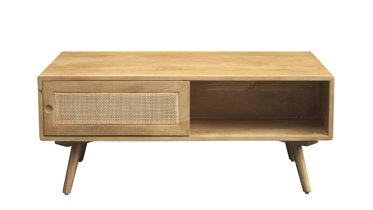 Tavolino da salotto rettangolare con ripiani in legno massello di mango e motivo a intreccio in rattan L100 cm ACANGE
