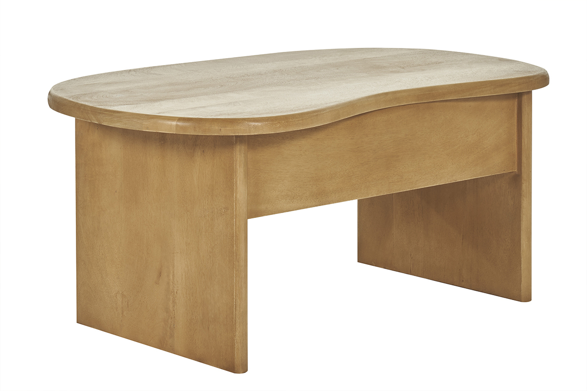 Tavolino da salotto sollevabile design forma fagiolo con vano contenitore in legno massello di mango L95 cm KOKOA