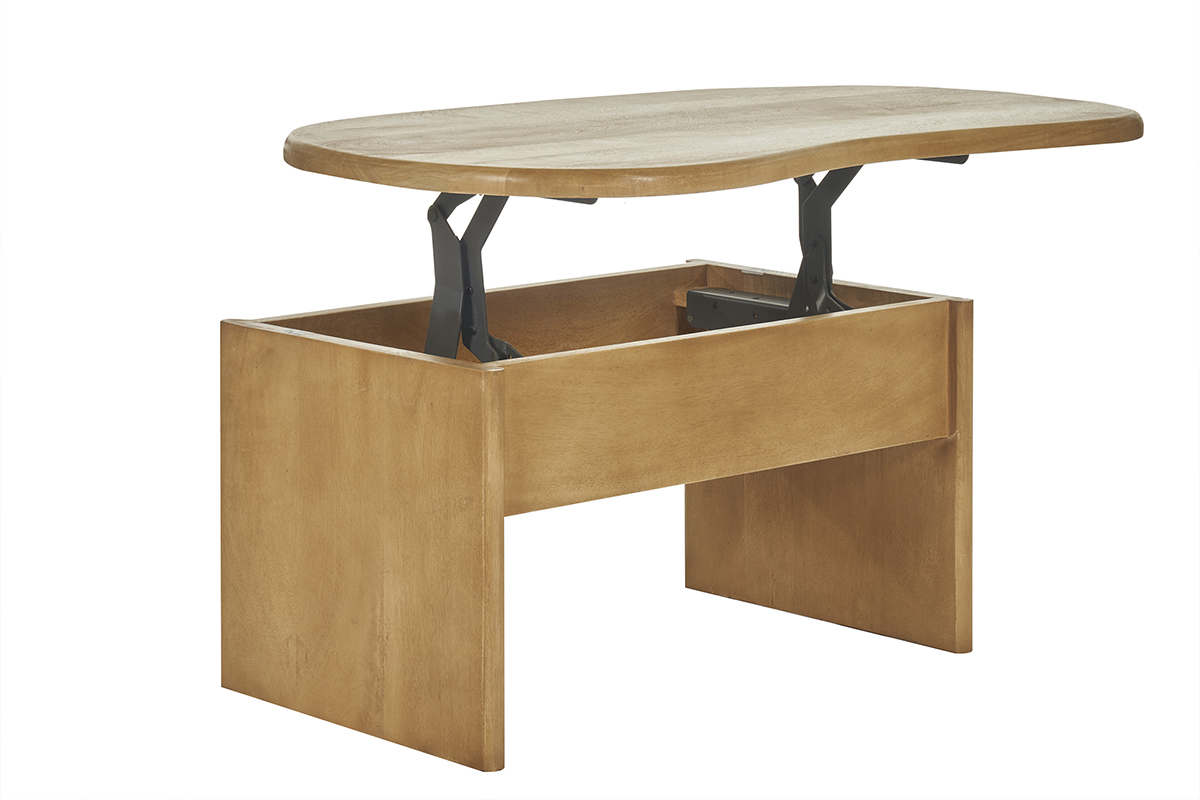 Tavolino da salotto sollevabile design forma fagiolo con vano contenitore in legno massello di mango L95 cm KOKOA