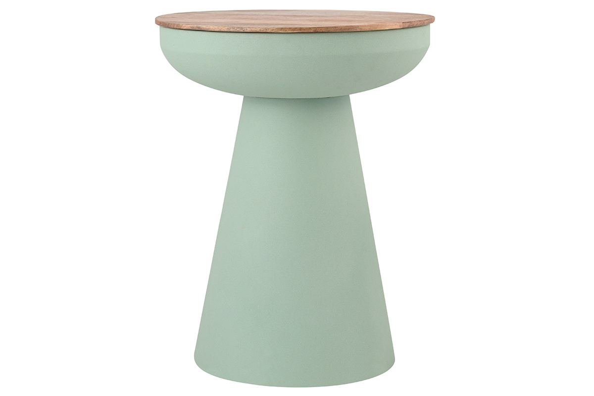 Tavolino rotondo design con vano in metallo celadon e legno massello di mango H52 cm TAM