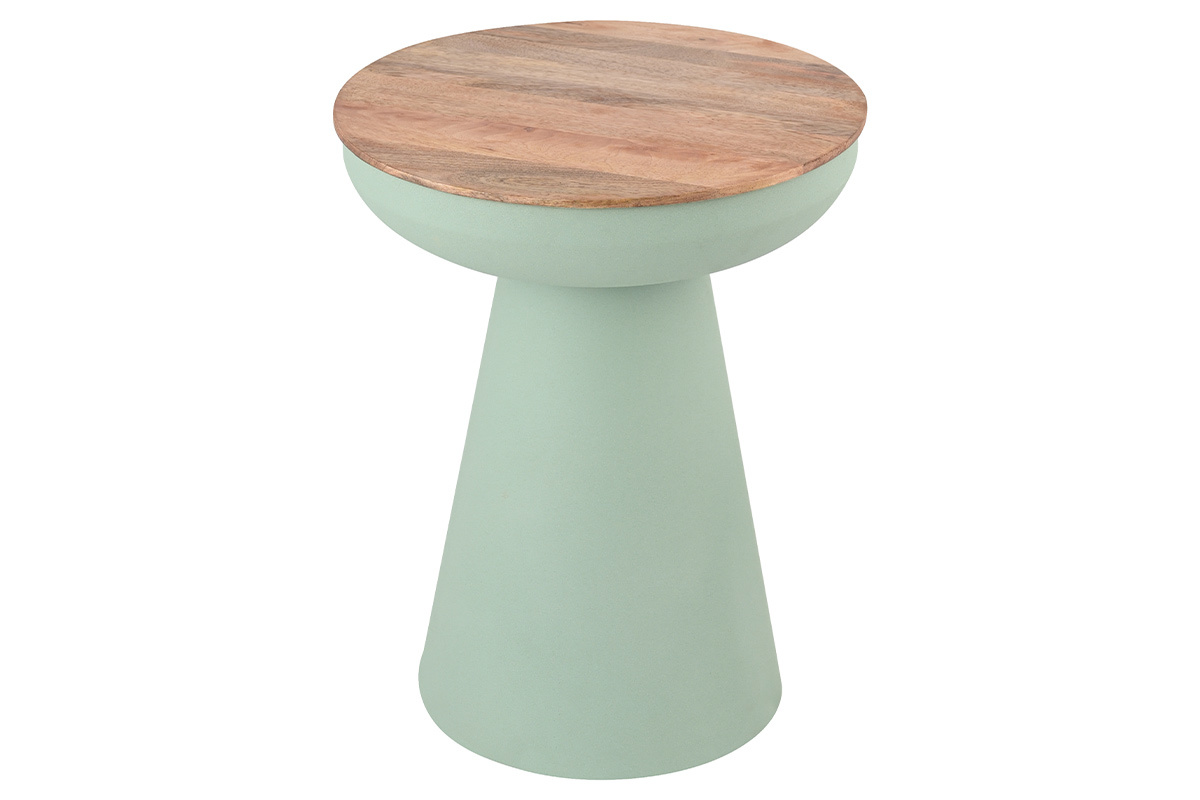 Tavolino rotondo design con vano in metallo celadon e legno massello di mango H52 cm TAM