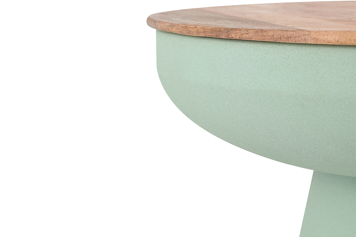 Tavolino rotondo design con vano in metallo celadon e legno massello di mango H52 cm TAM