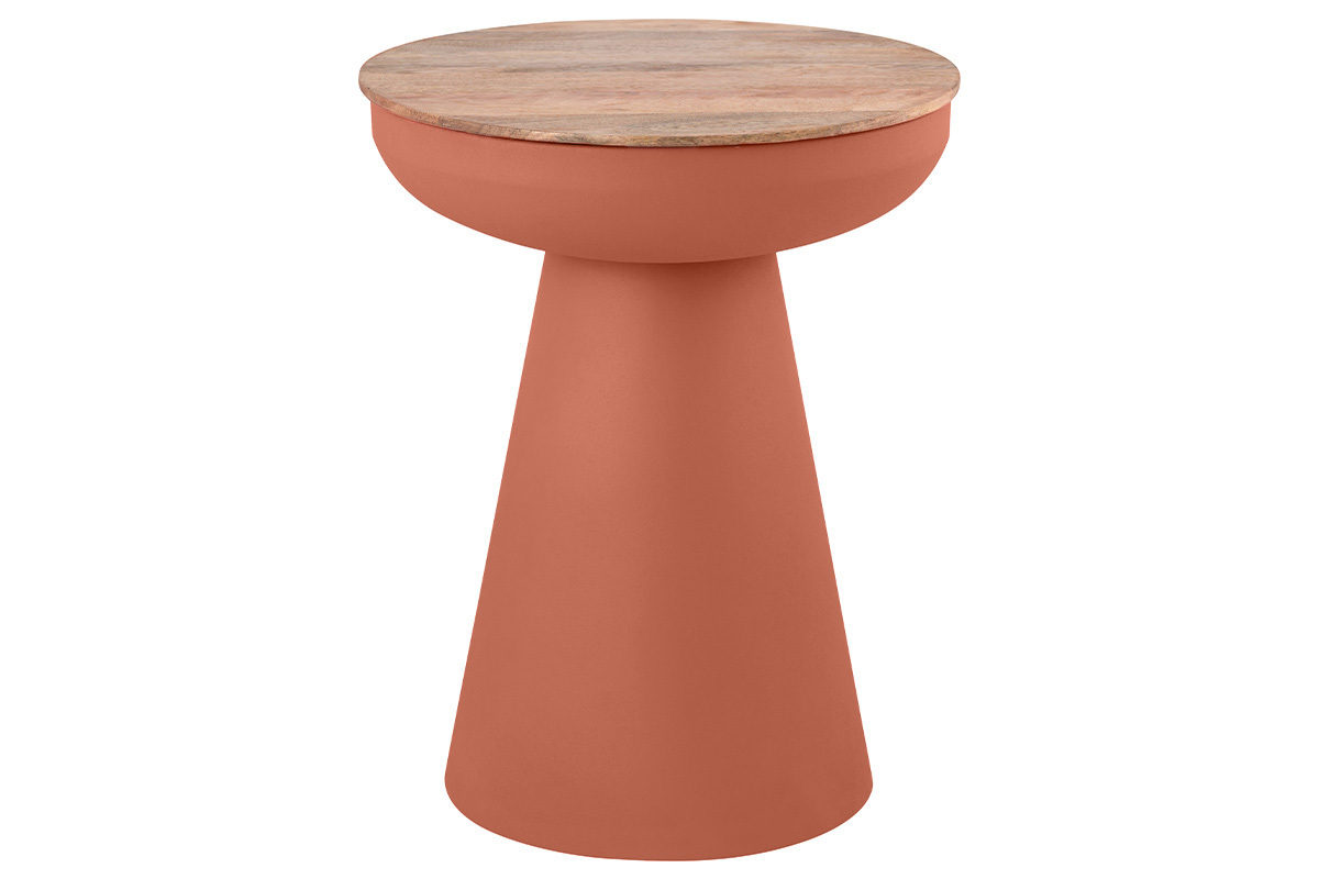 Tavolino rotondo design con vano in metallo terracotta e legno massello di manghime H52 cm TAM