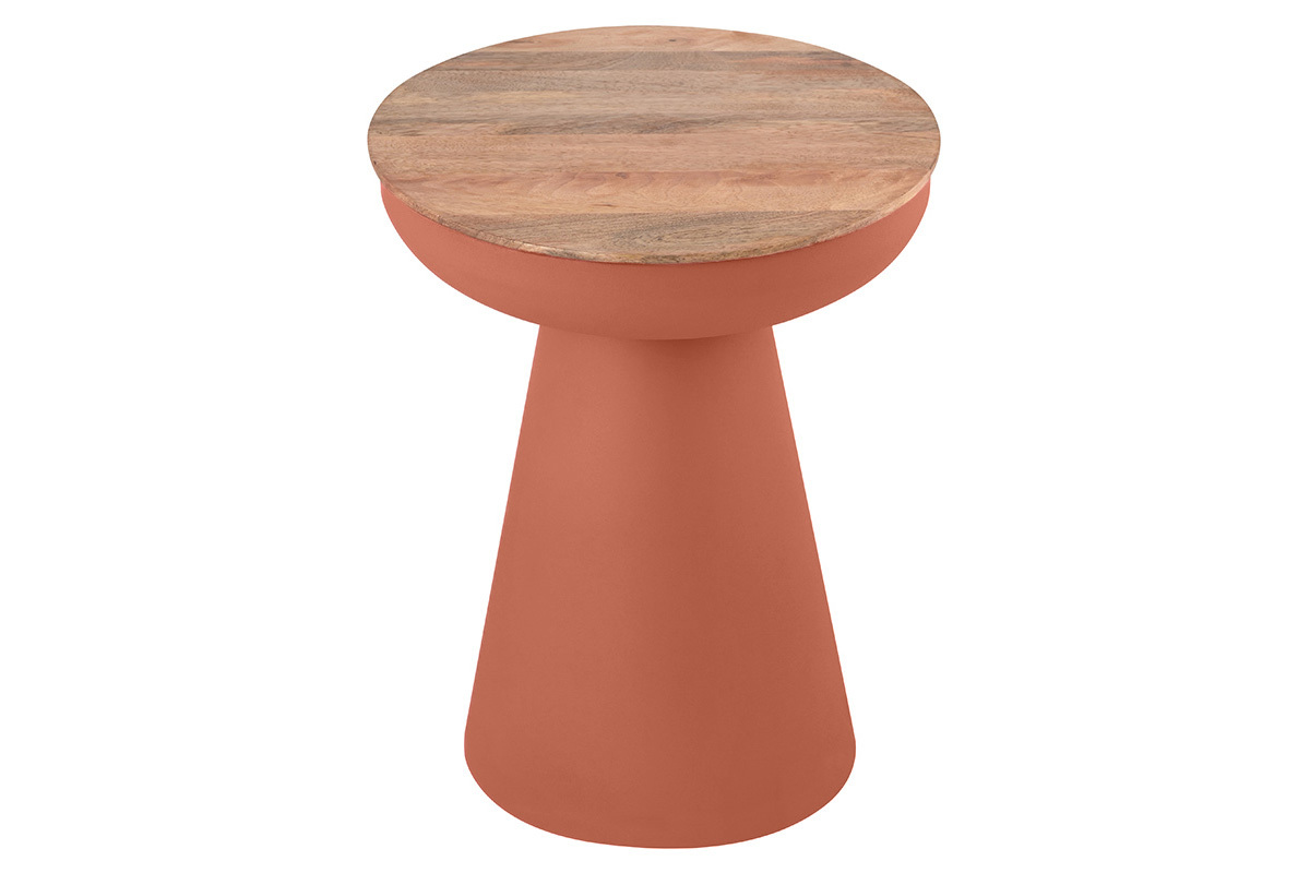 Tavolino rotondo design con vano in metallo terracotta e legno massello di manghime H52 cm TAM