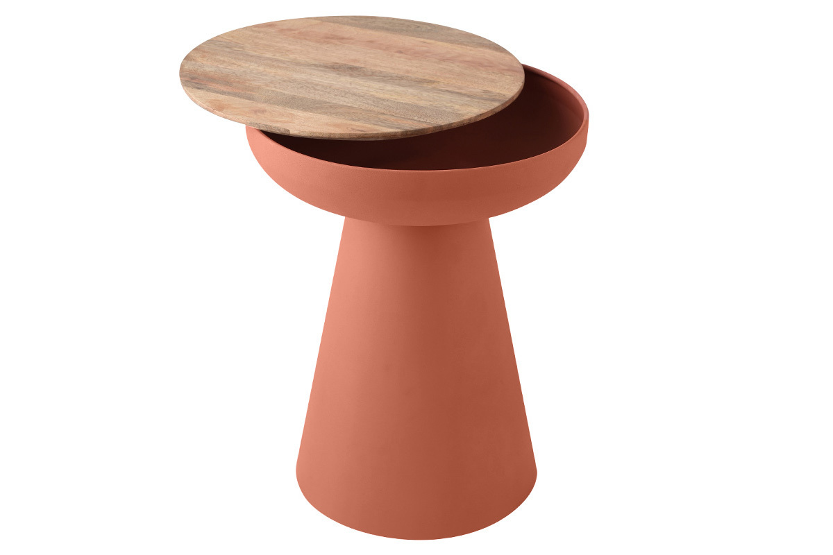 Tavolino rotondo design con vano in metallo terracotta e legno massello di manghime H52 cm TAM