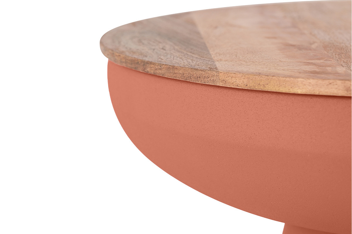 Tavolino rotondo design con vano in metallo terracotta e legno massello di manghime H52 cm TAM