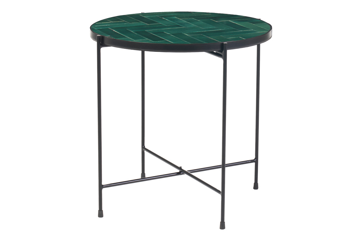 Tavolino rotondo in ceramica verde scuro e metallo nero D50 cm KOTTA