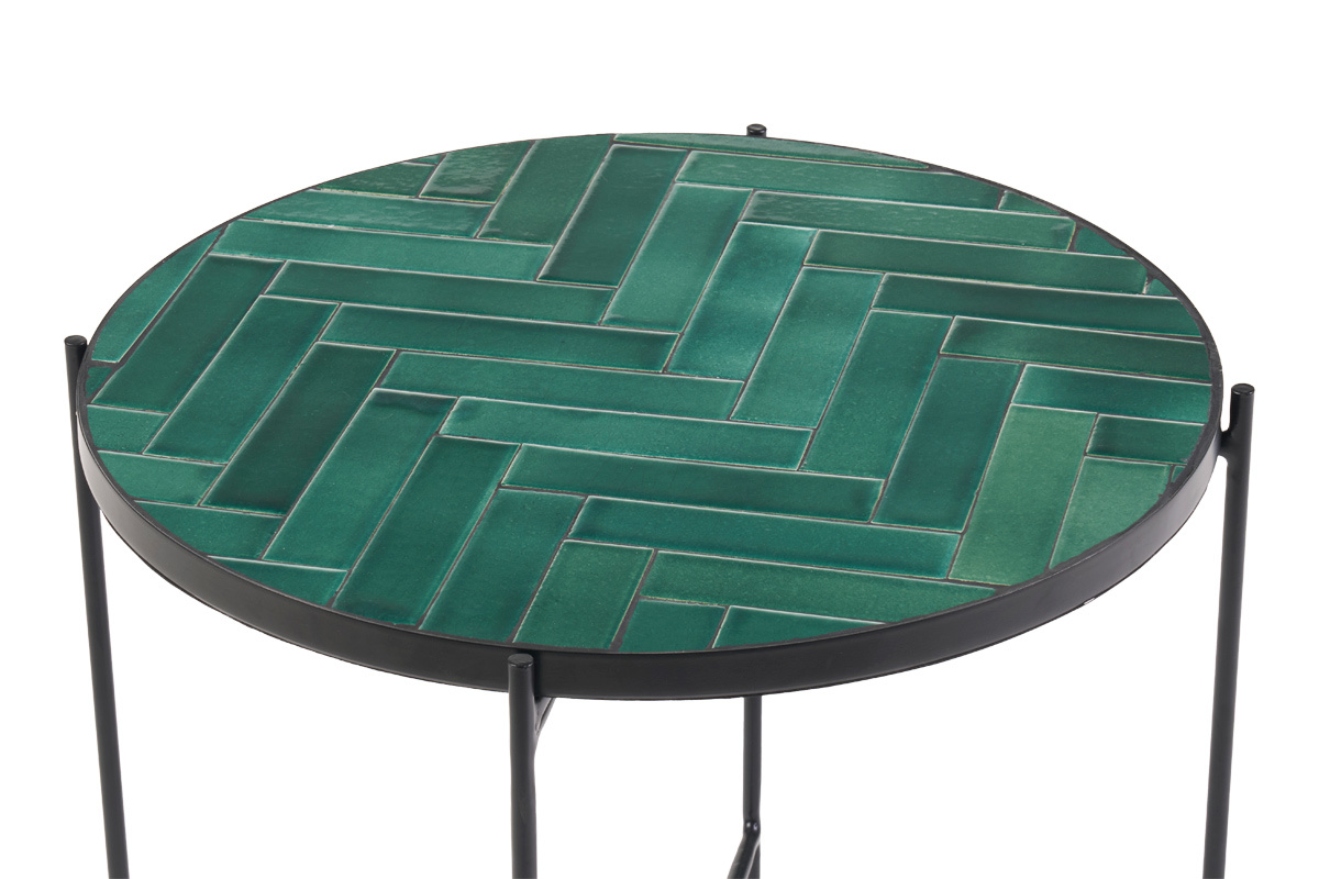 Tavolino rotondo in ceramica verde scuro e metallo nero D50 cm KOTTA