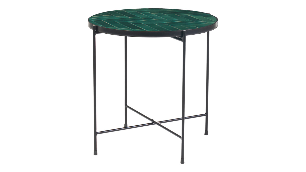 Tavolino rotondo in ceramica verde scuro e metallo nero D50 cm KOTTA