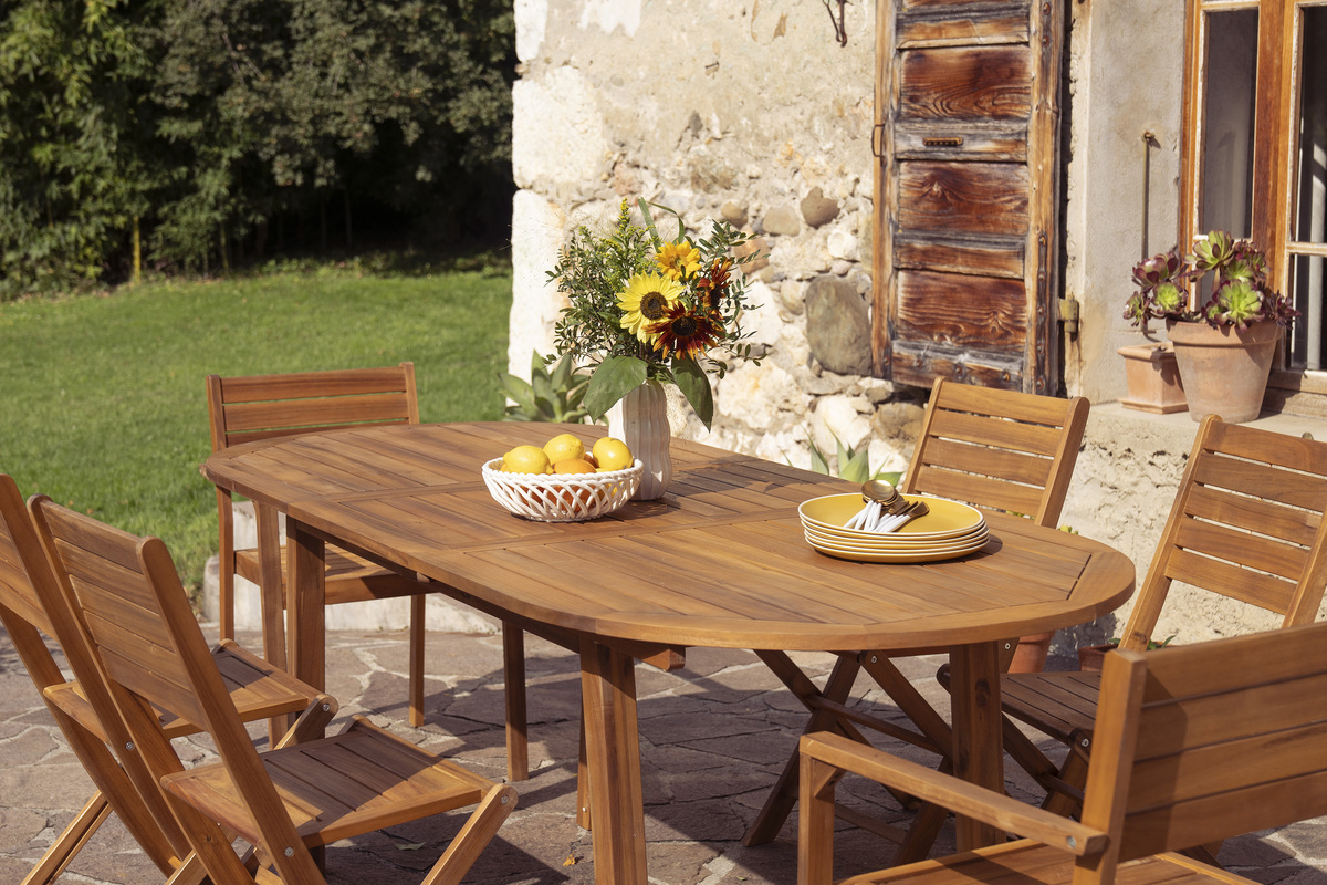 Tavolo da giardino allungabile allunghe integrate in legno massello L160-210 MAYEL