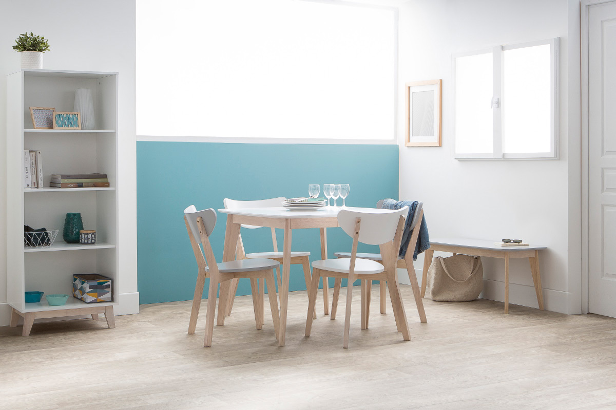 Tavolo da pranzo allungabile scandinavo quadrato bianco e legno L90-130 LEENA