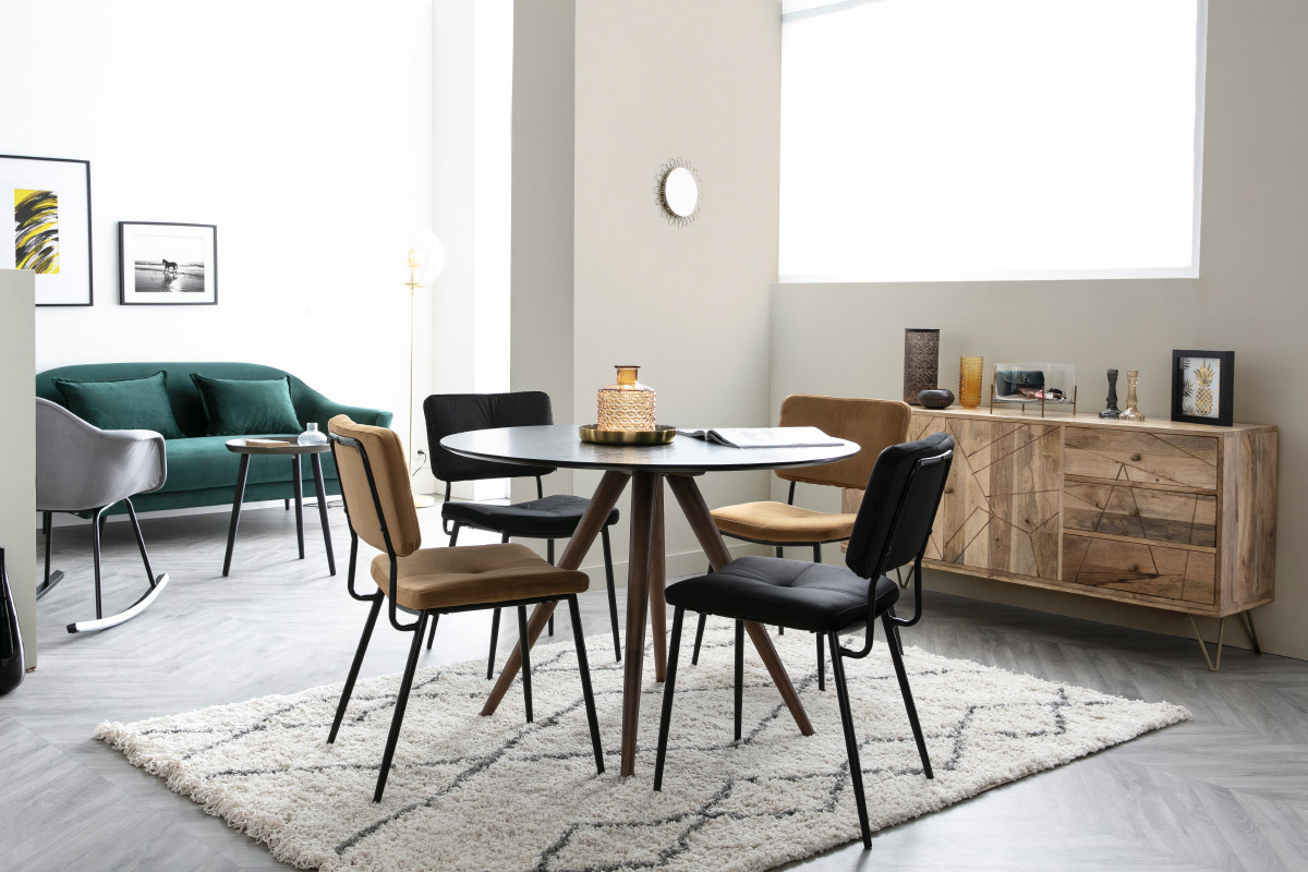 Tavolo da pranzo rotondo design noce e nero D106 WALFORD