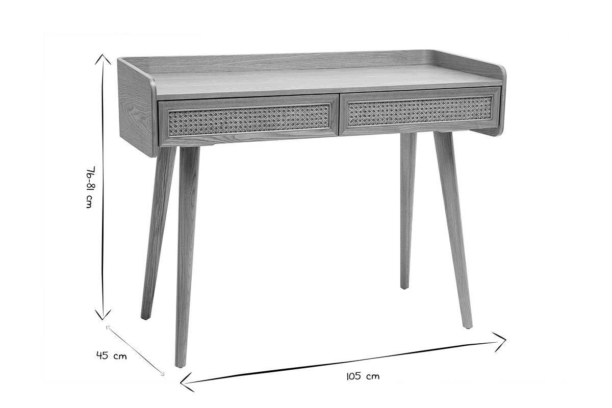 Ufficio design con 2 cassetti in legno chiaro e intreccio di midollino L105 cm ELSY